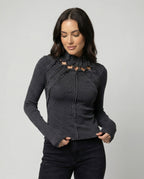 Damen Langarmshirt Dunkelgrau Vintage Slim Fit Cut-Out Oberteil