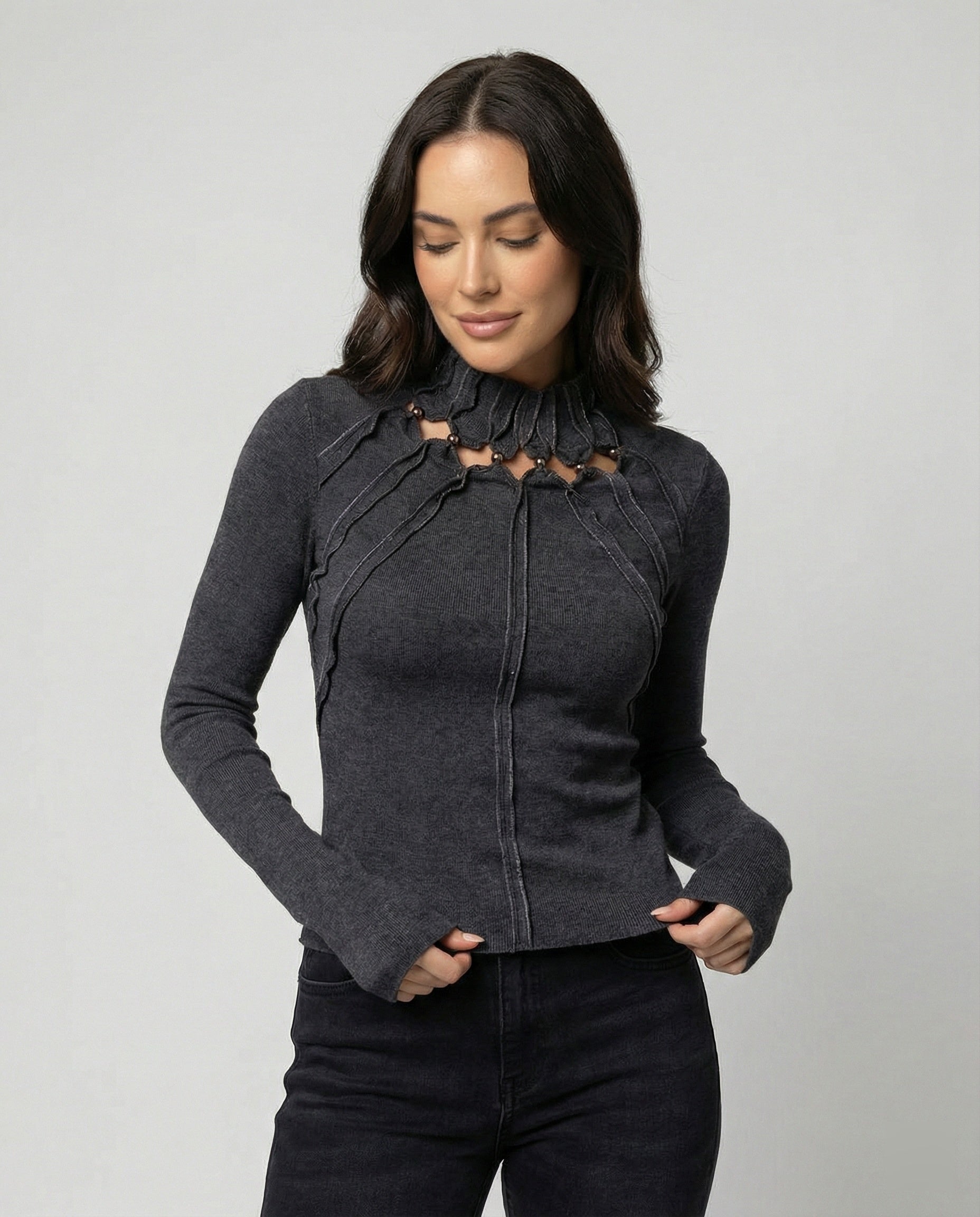 Damen Langarmshirt Dunkelgrau Vintage Slim Fit Cut-Out Oberteil