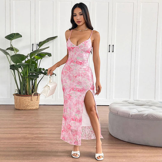 Damen elegantes Maxikleid mit floralem Muster und seitlichem Schlitz R&B
