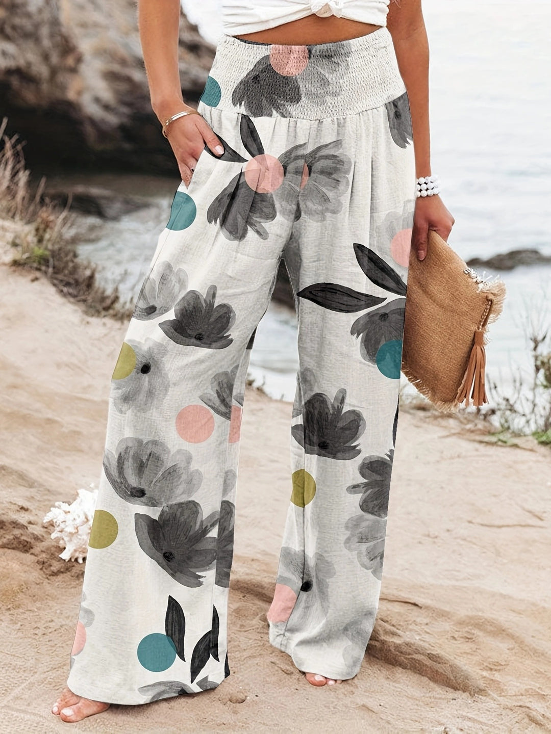 Damen Weit geschnittene Strandhose mit floralem Motiven und elastischem Bund R&B