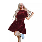 Damen Samtige Kurzarm-Kleid mit tailliertem Schnitt und A-Linien-Rock R&B