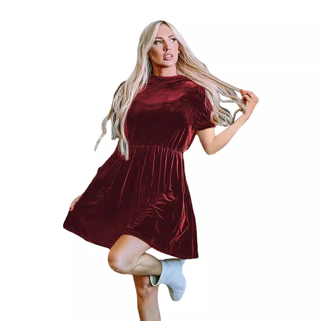 Damen Samtige Kurzarm-Kleid mit tailliertem Schnitt und A-Linien-Rock R&B