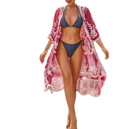Damen elegante Häkel-Strandrobe mit voluminösen Ärmeln und floralem Design R&B