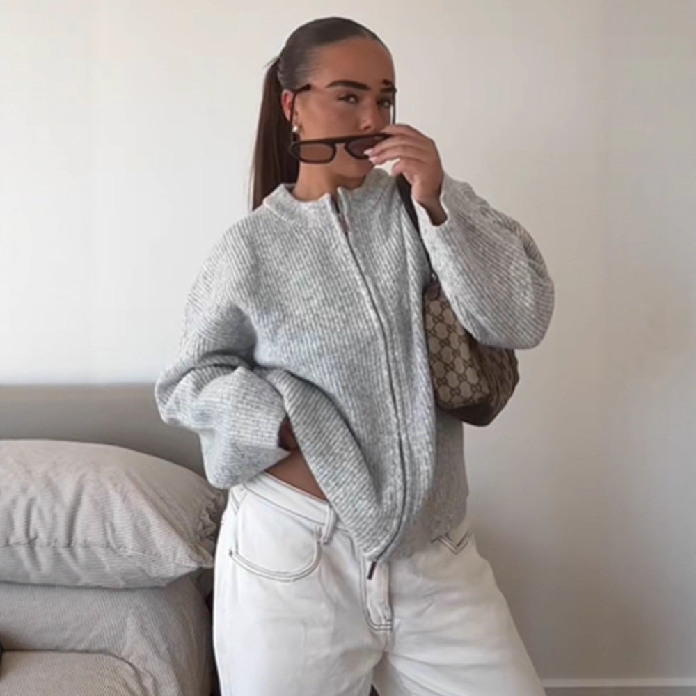 Damen kuschelige Strickjacke mit hohem Kragen und Reißverschluss R&B