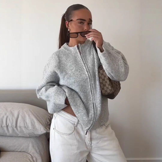 Damen kuschelige Strickjacke mit hohem Kragen und Reißverschluss R&B