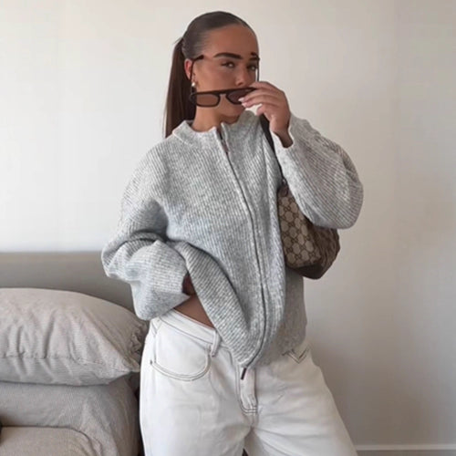 Damen kuschelige Strickjacke mit hohem Kragen und Reißverschluss R&B