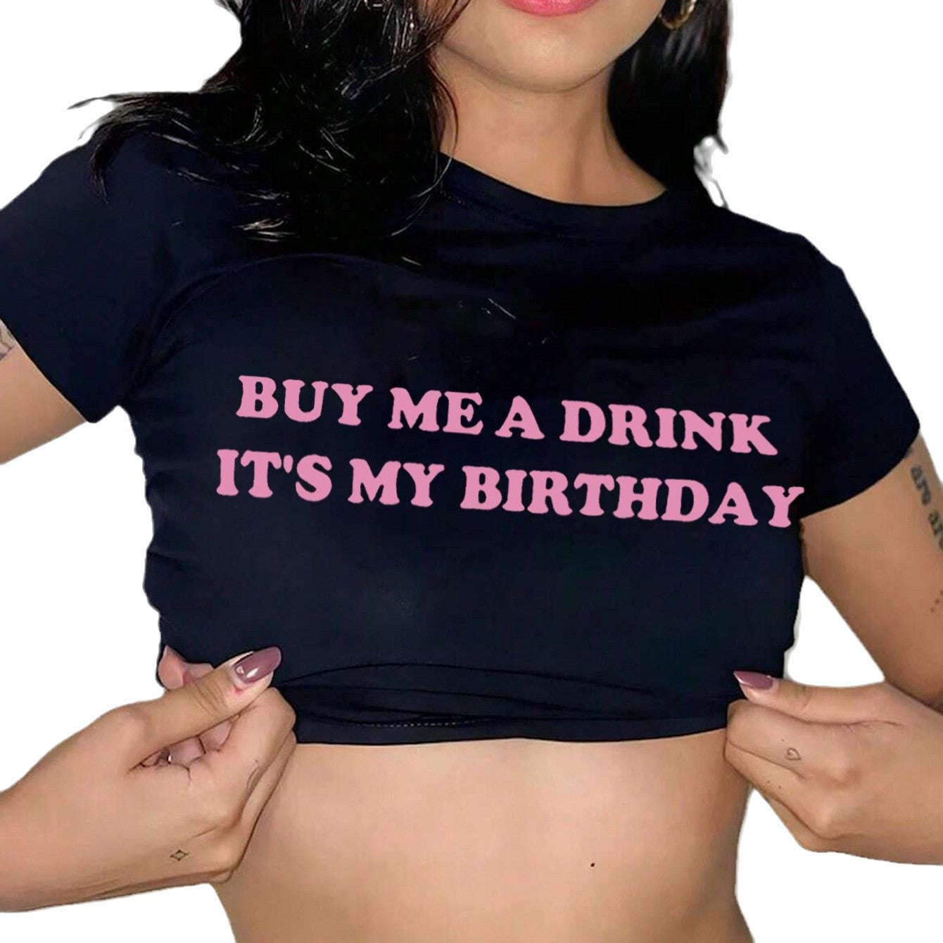 Damen Crop-T-Shirt mit witzigem GR&Burtstagsslogan und figurbetontem Schnitt R&B