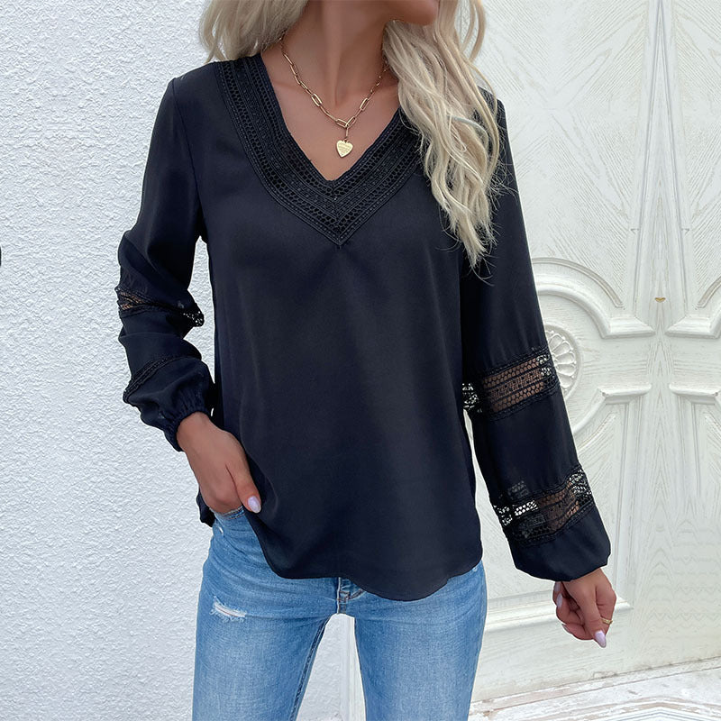 Damen elegante Bluse mit Spitzenakzenten und V-Ausschnitt R&B