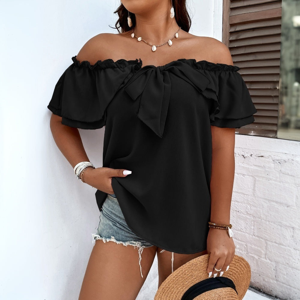 Damen Off-Shoulder Oberteil mit Schleifen-Details und Rüschensäumen R&B