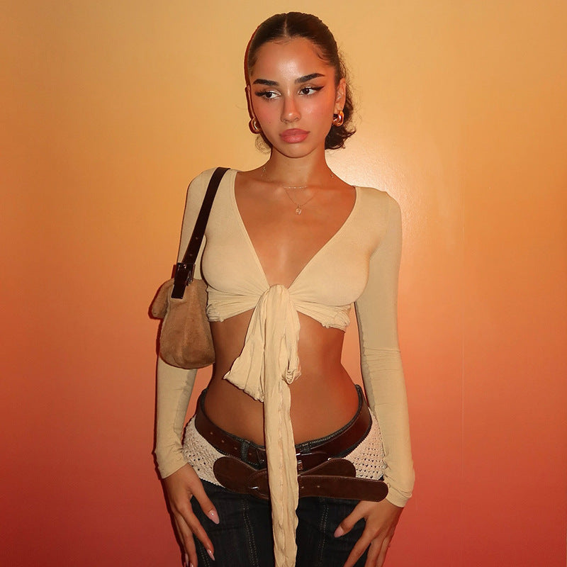 Damen Crop-Top mit verspieltem BindR&Band und langen Ärmeln R&B