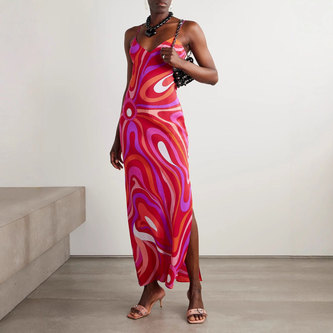Damen nan elegantes Slip-Maxikleid mit V-Ausschnitt, filigranen Spaghettiträgern und retro-grafischem Allover-Print R&B