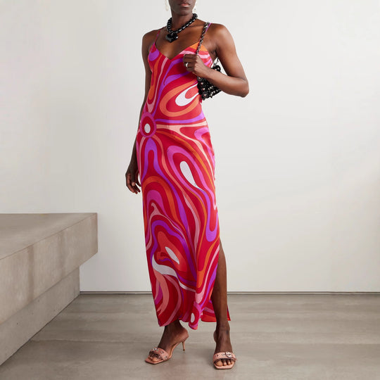 Damen nan elegantes Slip-Maxikleid mit V-Ausschnitt, filigranen Spaghettiträgern und retro-grafischem Allover-Print R&B