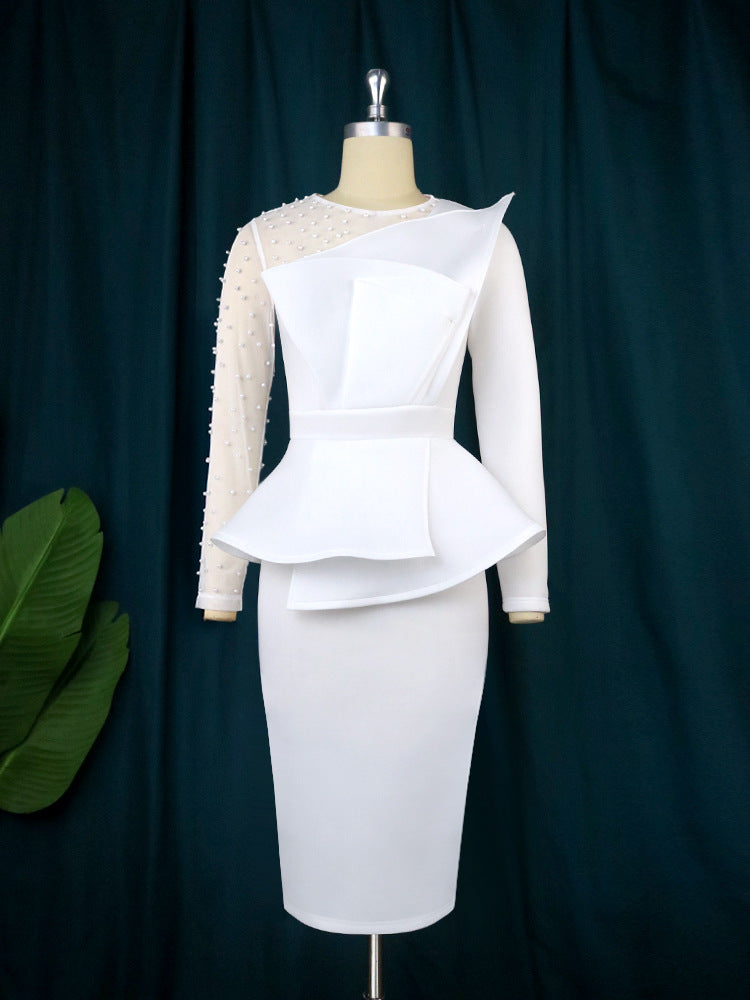 Damen Etuikleid mit transparenten Puffärmeln und dekorativem Peplum R&B