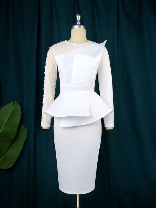Damen Etuikleid mit transparenten Puffärmeln und dekorativem Peplum R&B