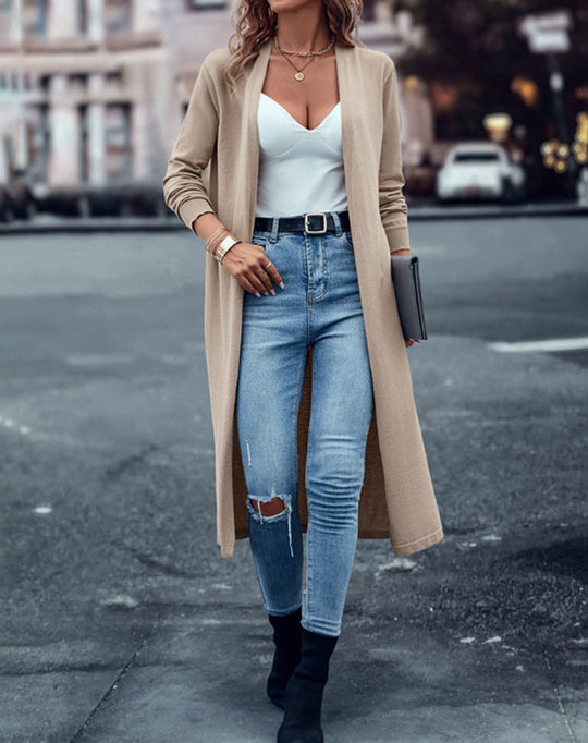 Damen nan langer Feinstrick-Cardigan im Duster-Stil mit offenem Fall und schmaler Ärmelpartie R&B
