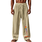 Herren nan lässige Leinen-Loungehose mit elastischem Komfortbund, Kordelzug, weitem Bein und dekorativer Papageien-Stickerei R&B
