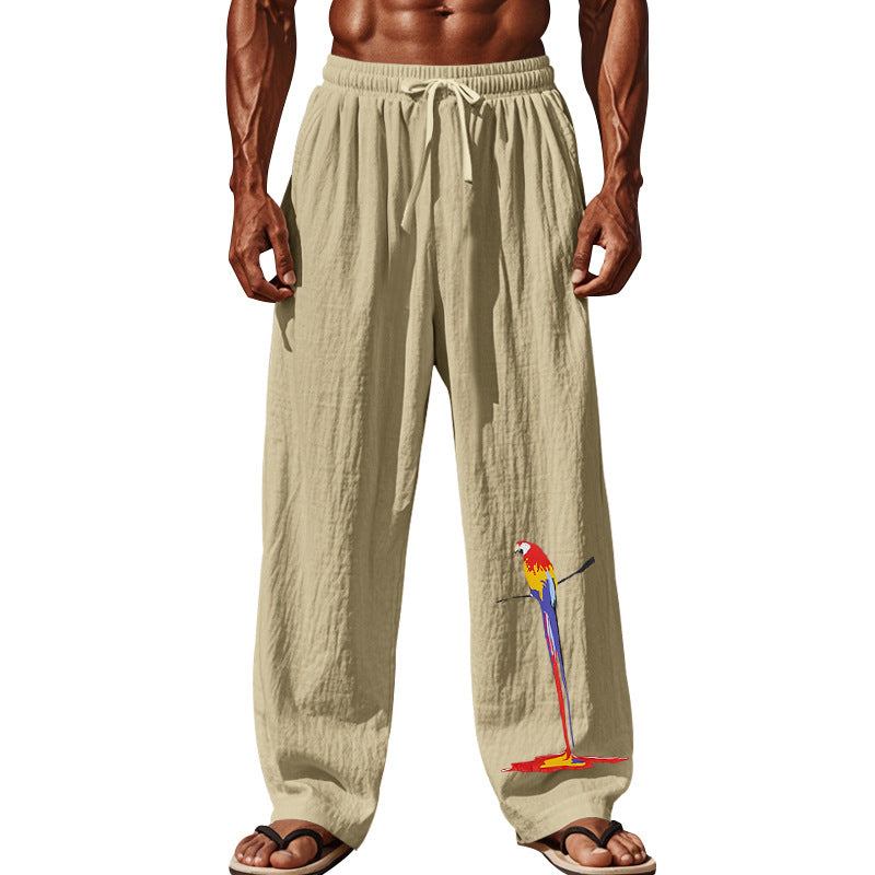 Herren nan lässige Leinen-Loungehose mit elastischem Komfortbund, Kordelzug, weitem Bein und dekorativer Papageien-Stickerei R&B