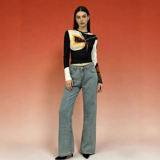 Damen Weite Jeans mit Schmetterlingsstickerei