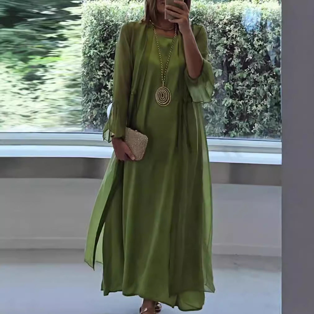 Damen nan elegante Lagen-Abendrobe mit gefüttertem Innenkleid, transparentem Chiffon-Überwurf und taillenverstellbaren Bändern R&B