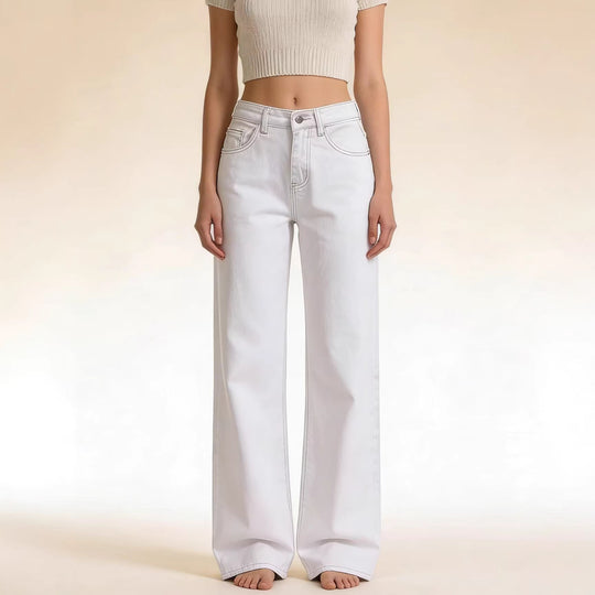 Damen weite Denim-Hose mit Vintage-Waschung und hoch geschnittenem Bund R&B