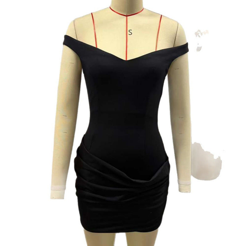 Damen elegante Off-Shoulder Minikleid mit tiefem V-Ausschnitt und gerafftem Saum R&B