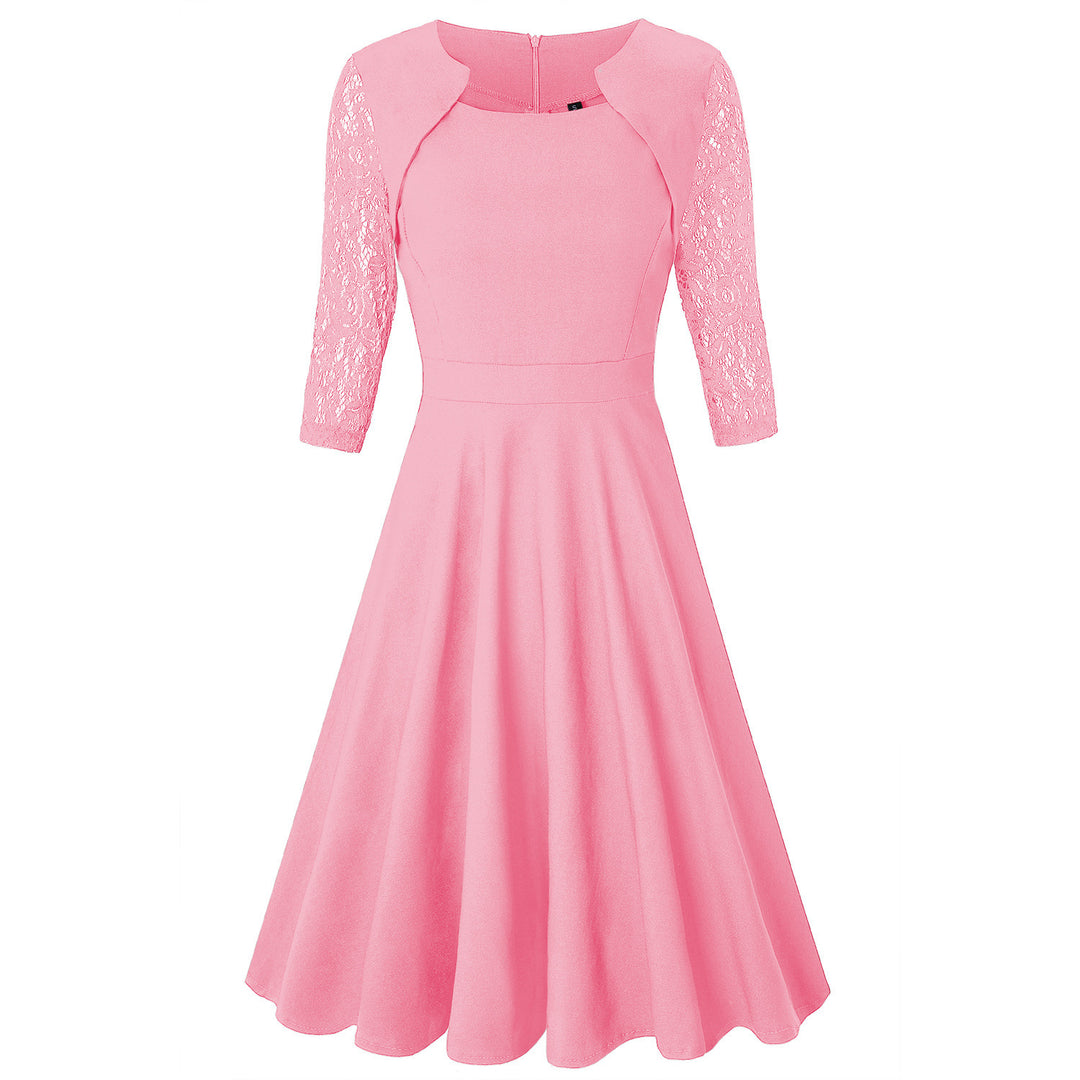 Damen Midi-Kleid mit Spitzenärmeln und schwingendem Rock R&B