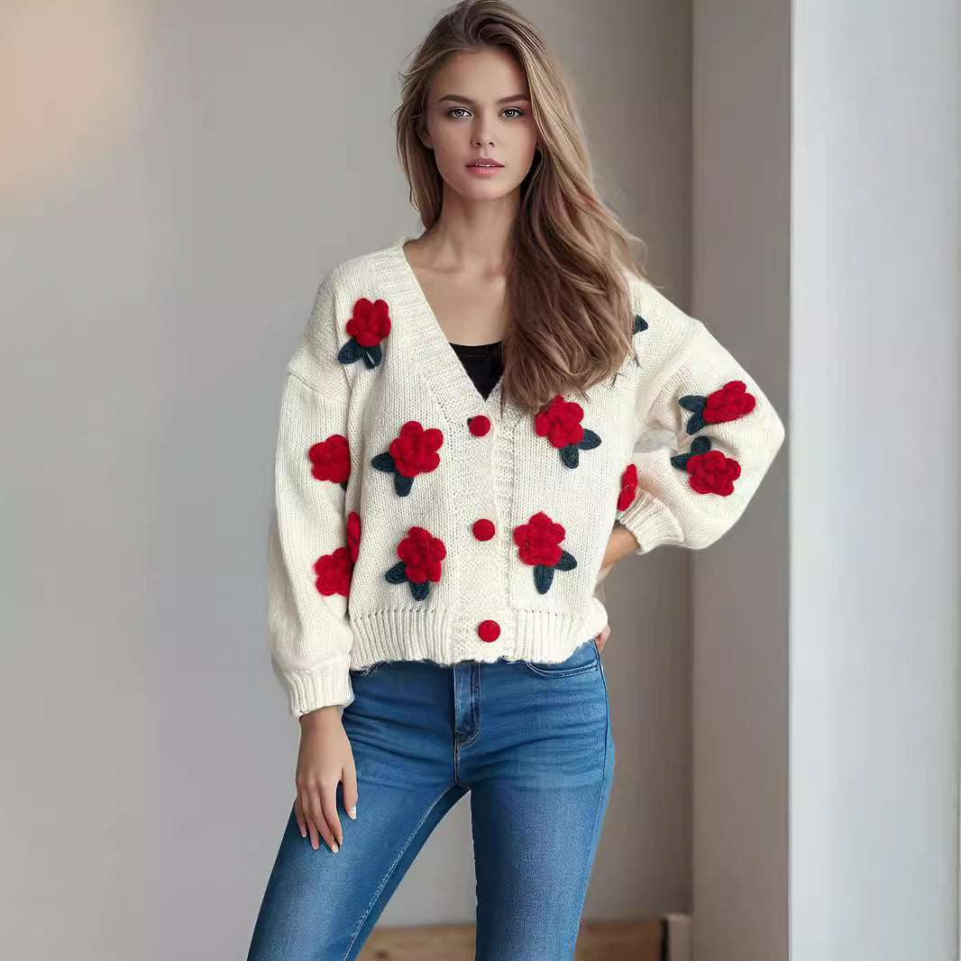 Damen Strickjacke mit floralen Applikationen und knöpfbarem Design R&B
