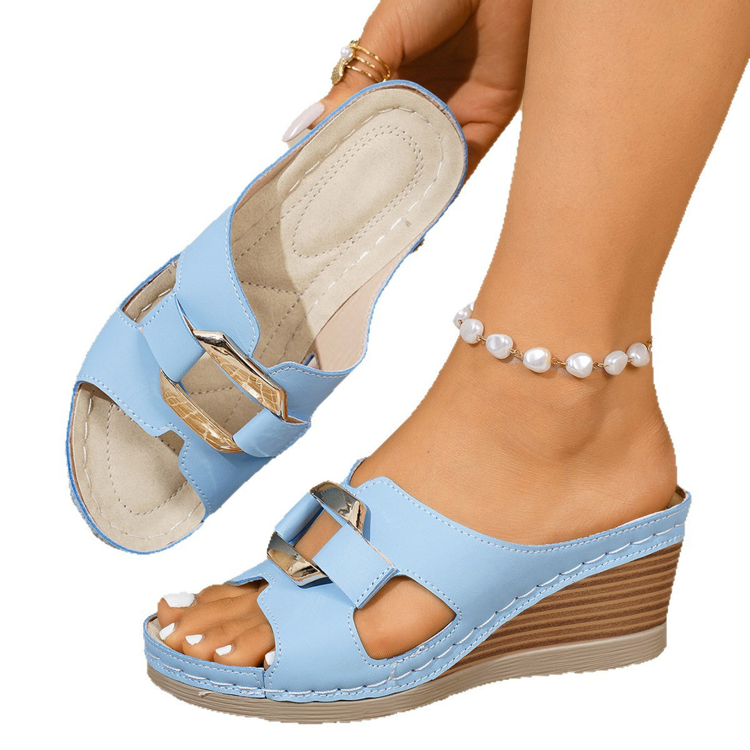 Damen Wedge-Pantoletten mit modischen Schnallen und komfortablem Fußbett R&B