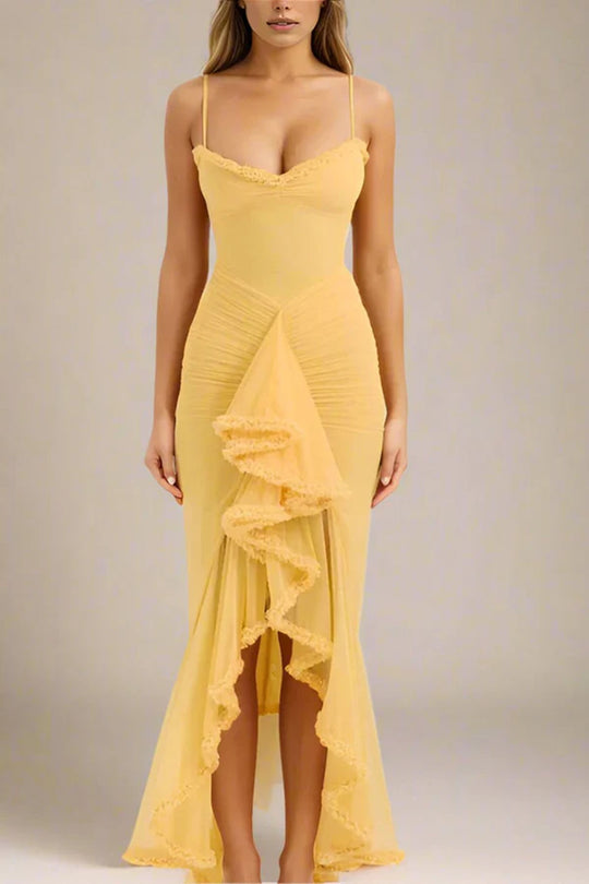 Damen Elegantes Wickelkleid mit Rüschendetails und hohem Schlitz R&B
