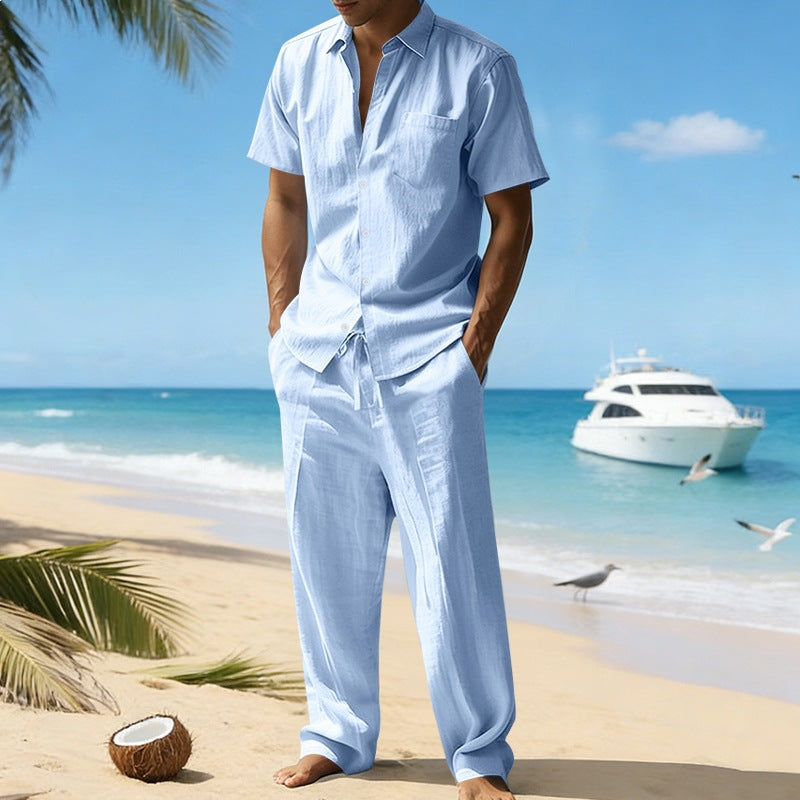 Herren nan resort-taugliches Kurzarm-Hemd mit Brusttasche und lässiger Leinen-Kordelhose R&B