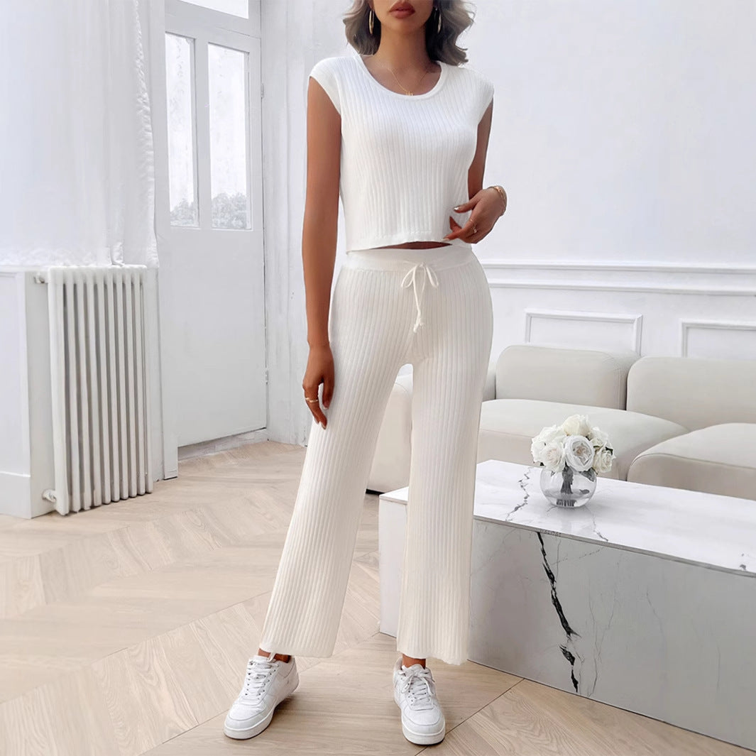 Damen Strick Zweiteiliges Set mit cropped Oberteil und weiter Hose R&B