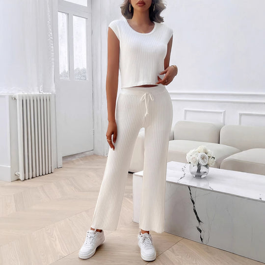 Damen Strick Zweiteiliges Set mit cropped Oberteil und weiter Hose R&B