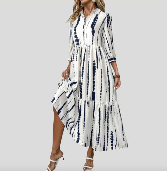 Damen Langarm Maxikleid mit modernen Streifenmuster und Taschen R&B