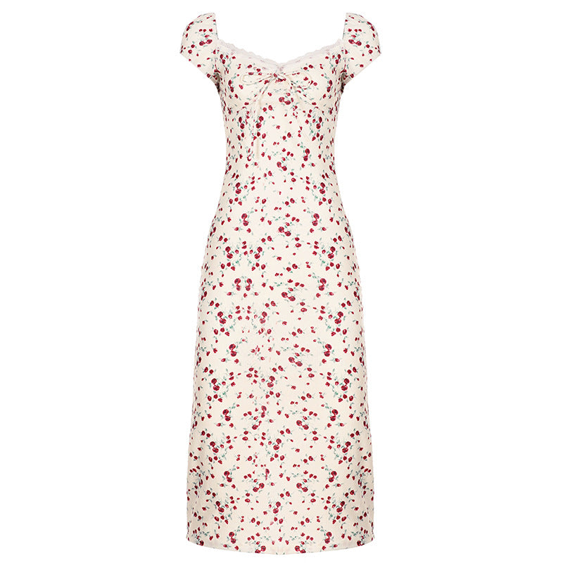 Damen romantisches Blumenkleid mit Raffungen und Spaghetti-Trägern R&B