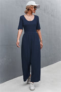 Damen Jumpsuit mit weitem Bein und elegantem Rundhalsausschnitt R&B