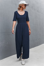 Damen Jumpsuit mit weitem Bein und elegantem Rundhalsausschnitt R&B