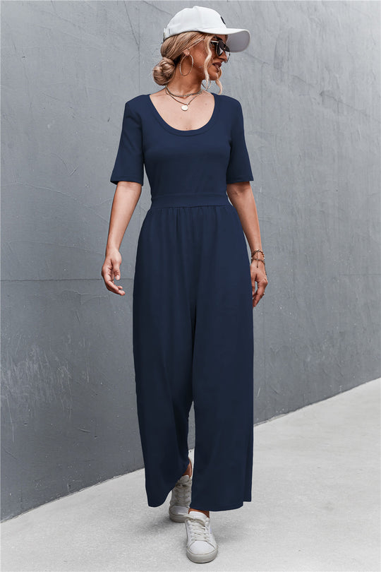 Damen Jumpsuit mit weitem Bein und elegantem Rundhalsausschnitt R&B