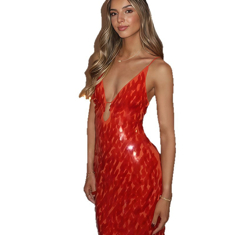 Damen Elegantes Maxikleid mit tiefem Ausschnitt und glänzenden Pailletten R&B