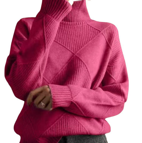 Damen hochwertiger Strickpullover mit stehendem Kragen und extravagantem Rautenmuster R&B