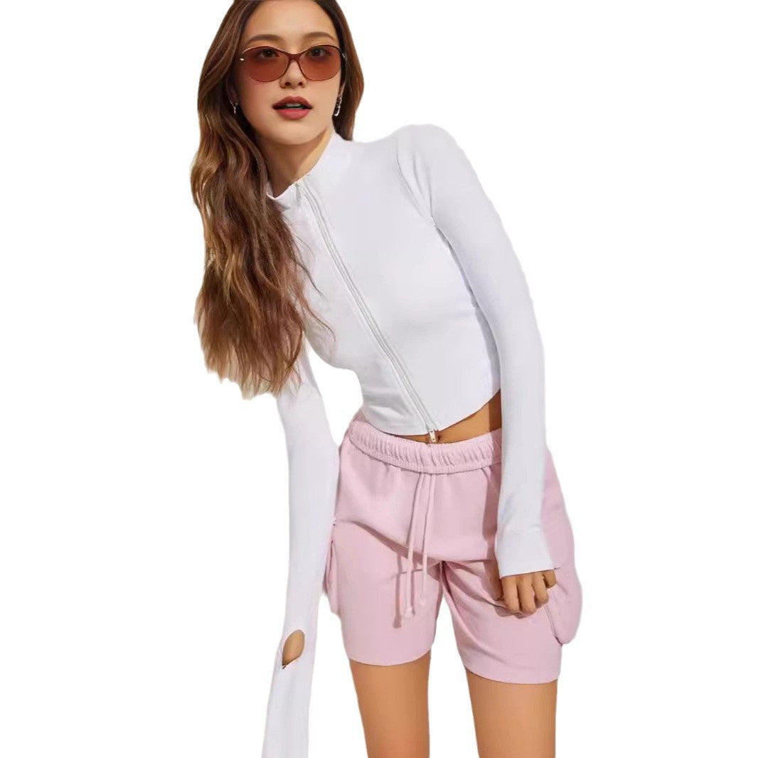 Damen Cropped Zip-Langarmshirt mit hohem Kragen R&B