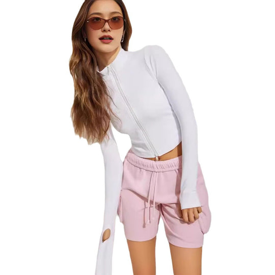 Damen Cropped Zip-Langarmshirt mit hohem Kragen R&B