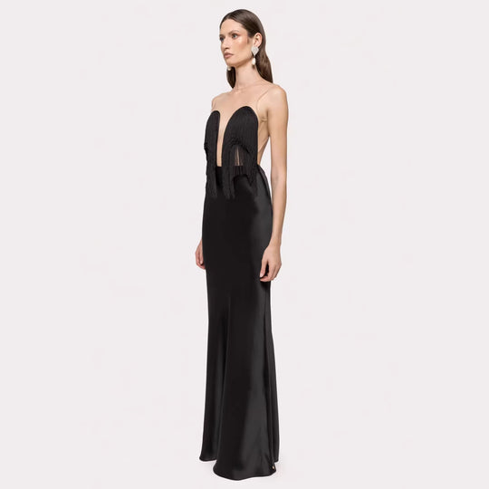 Damen Langärmliges Maxikleid mit tiefem V-Ausschnitt und fransierten Details R&B