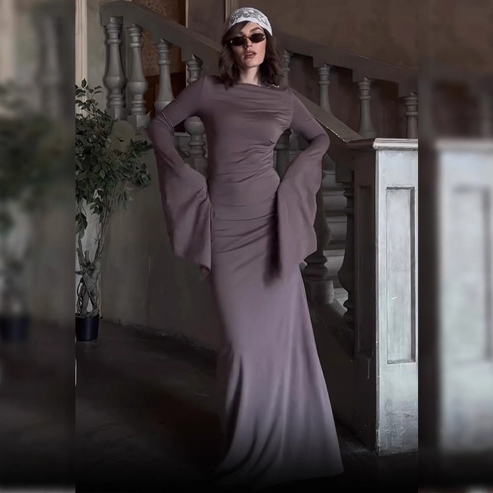 Damen elegantes Maxi-Kleid mit schwingenden Ärmeln und raffinierten Drapierungen R&B
