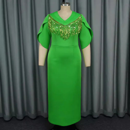 Damen Glamouröses Maxikleid mit funkelndem Fransenkragen R&B