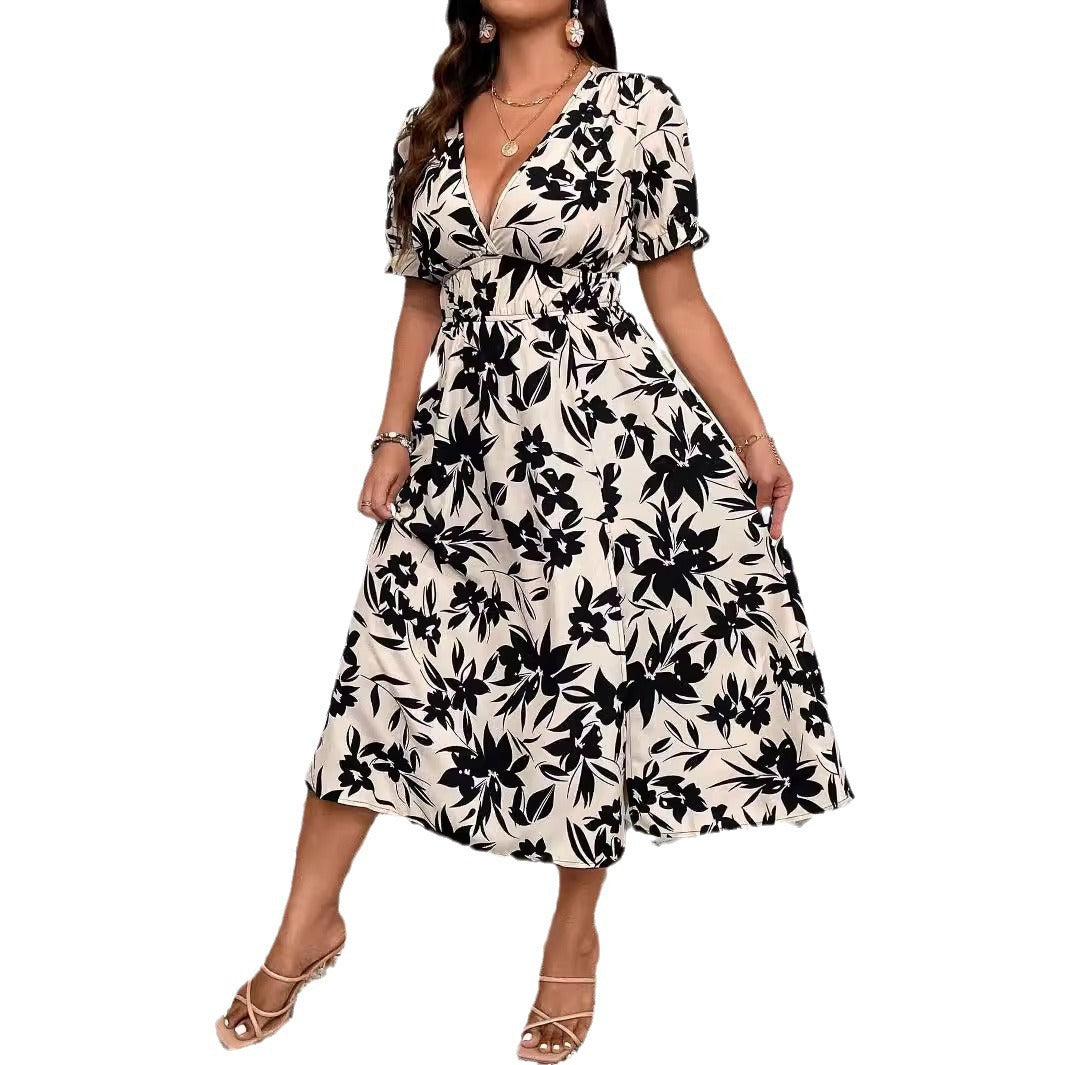 Damen Maxikleid mit V-Ausschnitt und elastischem Taillenbund R&B