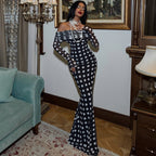 Damen Elegantes Maxikleid mit schulterfreiem Design und Punkten R&B