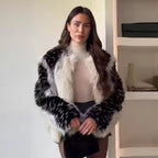 Damen nan kurze Kunstpelzjacke mit kontrastierenden Längsbesätzen und Rundhalsausschnitt R&B