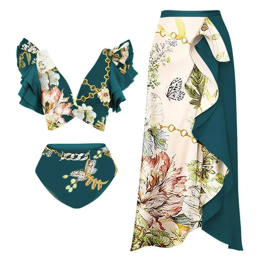 Damen Bikiniset mit voluminösen Ärmeln und elegantem Wickelrock R&B