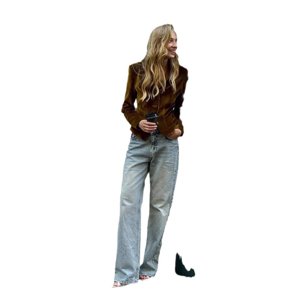 Damen elegante Blazerjacke mit doppeltem Knopfverschluss und sanften Glanzeffekten R&B