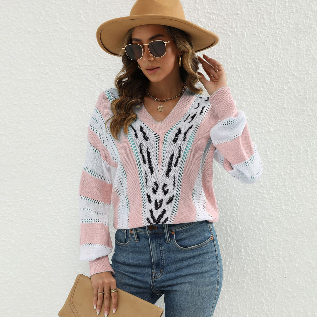 Damen Modischer V-Pullover mit strukturiertem Lochmuster und kontrastierenden Akzenten R&B